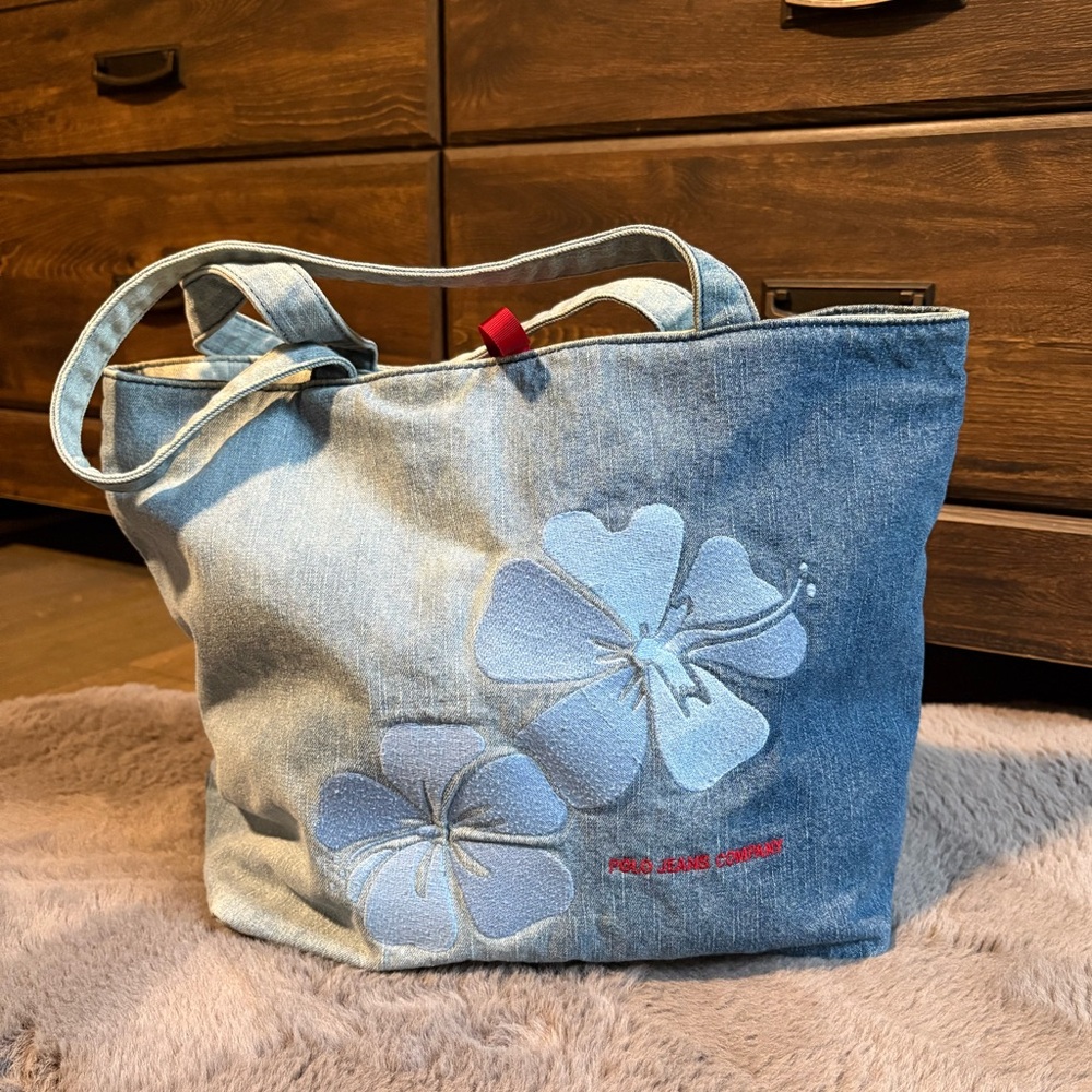 Vintage Ralph Lauren Polo Jeans Company Denim Hibiscus Tote Bag